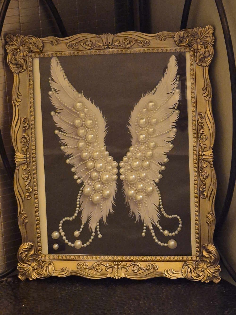 Gold Framed Pearl Angel Wings Wall Art